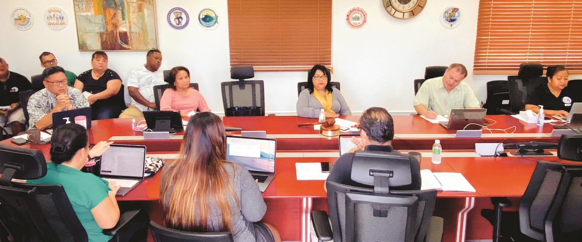 The Board of Education met on Tuesday to discuss the Public School System’s contingency plan for Covid-19. In photo are BOE Chairwoman Janice Marie A. Tenorio, secretary/treasurer MaryLou S. Ada, teacher representative Paul Miura, board member Andrew L. Orsini, board member Philip Mendiola-Long, Commissioner of Education Dr. Alfred B. Ada and other officials. BOE Vice Chairman Herman Atalig participated via teleconference. Contributed photo