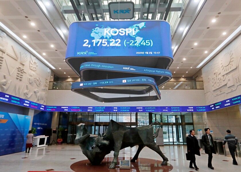 People walk under a screen showing the KOSPI, Korea Composite Stock Price Index, at the Korea Exchange in Seoul, South Korea on Jan. 2, 2020. AP