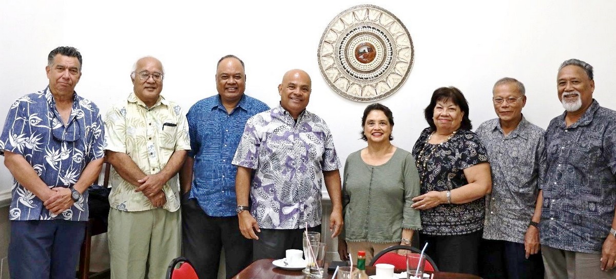 From left, FSM Chief of Staff/chief negotiator Leo A. Falcam Jr; Lorin S. Robert, special assistant to the FSM president on foreign and political affairs; Kandhi Elieisar, secretary of the FSM Department of Foreign Affairs; David W. Panuelo, president of the FSM; Lou Leon Guerrero, governor of Guam; Carlotta Leon Guerrero, chief adviser for military and regional affairs to the governor of Guam; Asterio Takesy, chair of the Joint Committee on Compact Review & Planning; and Epel Ilon, executive director of the secretariat of the Joint Committee on Compact Review & Planning. FSM Information Services photo