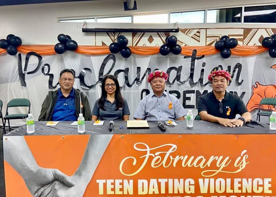 Lt. Gov. Arnold I. Palacios, 2nd right, on Tuesday signed a proclamation designating February as Teen Dating Violence Awareness Month. Also in photo are Saipan Southern High School teacher and Board of Education teacher representative Paul Miura, left, Northern Marianas Coalition Against Domestic Violence and Sexual Abuse Executive Director Maisie Tenorio, 2nd left, and SSHS principal Vince Dela Cruz, right. Contributed photo