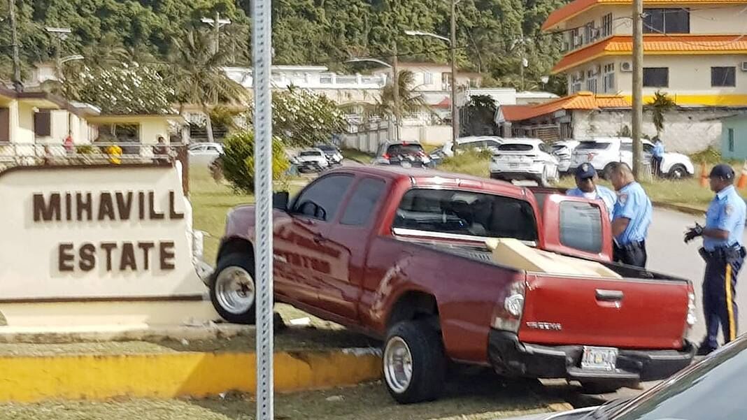 A pick-up truck rammed into the Mihaville Estate concrete sign after a high-speed pursuit on Wednesday afternoon. Contributed photo