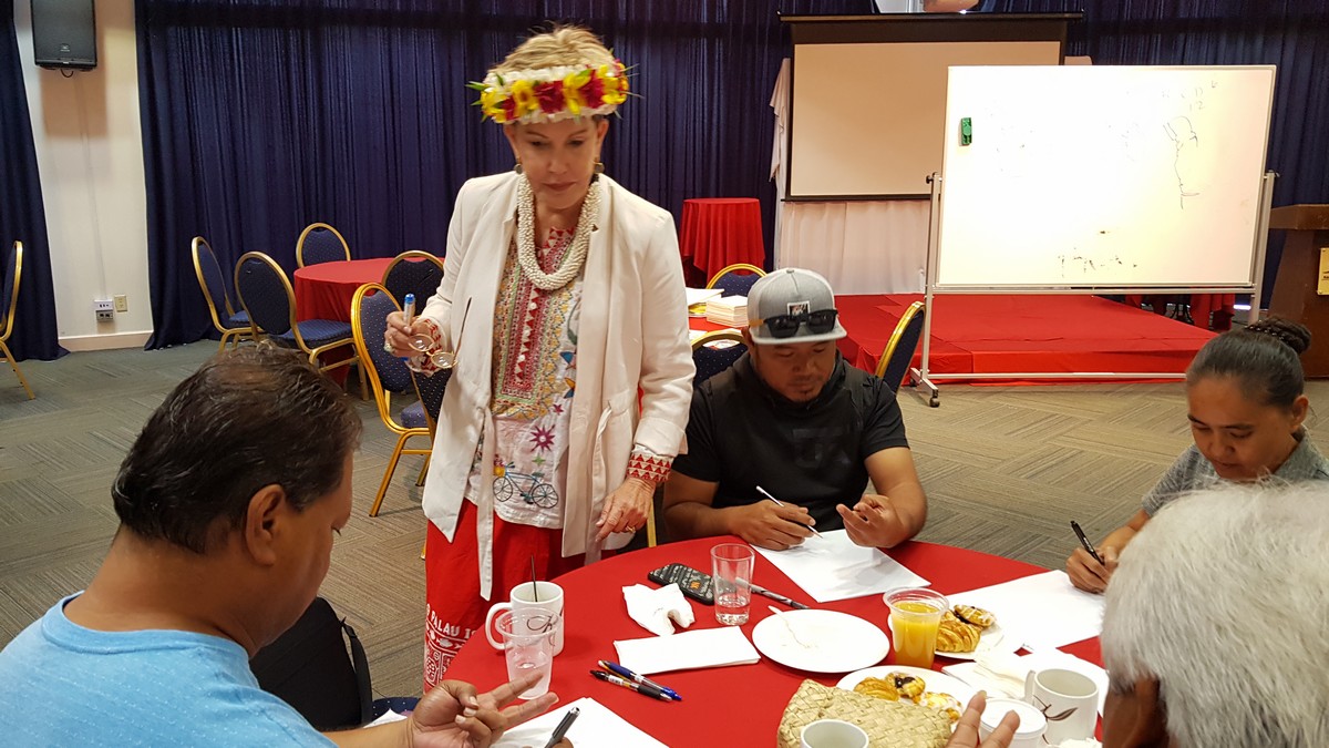 Dr. Lori Phillips of the Pacific Resources for Education and Learning facilitated the “Kids Help Kids” workshop at the Kanoa Resort for teachers.