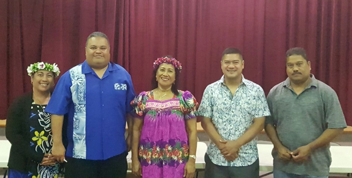 From left, Mrs. Maryann M. Rescue, Chuuk gubernatorial candidate Daniel J. Rescue Jr. Esq., his running mate senator/APIL board member Gardenia Aisek, CNMI Rep. Ivan A. Blanco, and Ach Chuukese-CNMI Association president Own Cholymay pose for a photo at the multi-purpose center in Susupe on Saturday. Photo by K-Andrea Evarose S. Limol