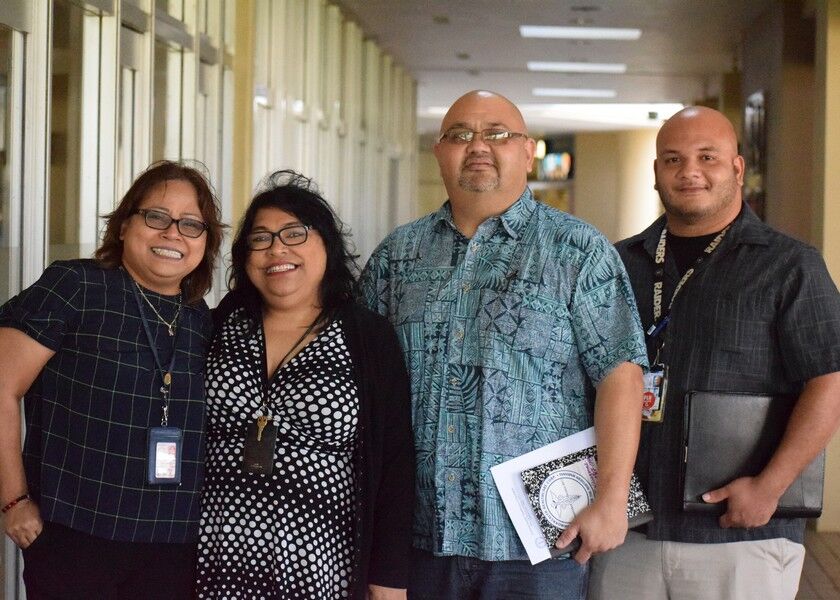 From left, Commonwealth Healthcare Corp. Chief Executive Officer Esther Muna, Board of Education Chairwoman Janice A. Tenorio, CHCC Public Health and Preparedness Director Warren Villagomez and program coordinator BJ Nicholas pose for photo during the Saipan Chamber of Commerce general membership meeting at Kanoa Resort on Wednesday. Photo by Emmanuel T. Erediano