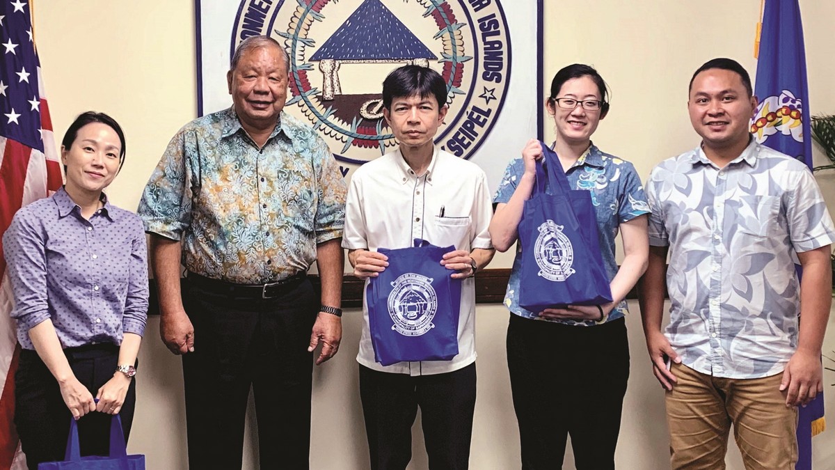 Mayor David M. Apatang and his project manager Lee Tenorio with director Kouji Ida and supervisor Yukiko Shimoji of the Okinawa Prefectural Government International Exchange Division and their interpreter. Contributed photo