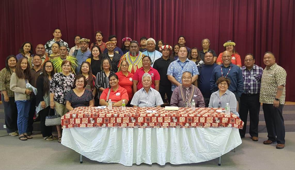 Lt. Gov. Arnold I. Palacios, center, seated foreground, poses with lawmakers, other government officials and advocates after signing the proclamation for the Year of Indigenous Language and the CNMI Chamorro-Carolinian Mother Language Day at the multi-purpose center on Monday. Photo by Lori Lyn C. Lirio