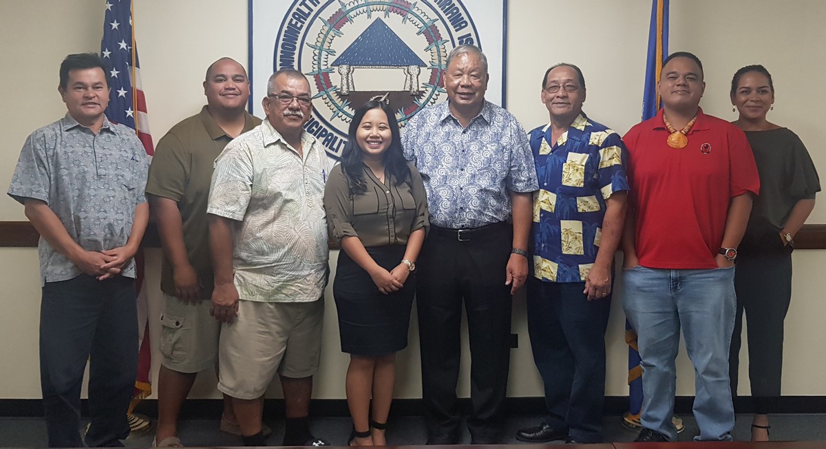 Newly sworn in Saipan Higher Education Financial Assistance program board member Kaelani Marie B. Demapan, fourth left, poses with Saipan Mayor David M. Apatang, SHEFA board chair Oscar M. Babauta, board members Francisco Cabrera, Juan “Shine” Tenorio, and Ray Muna with SHEFA administrator Merissa Rasa and the mayor’s special assistant, Henry Hofschneider. Photo by Junhan B. Todiño