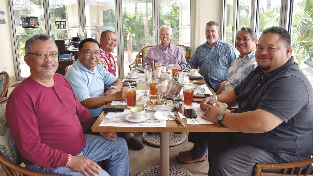 Triple J and Department of Public Works officials met on Friday to discuss the development of a sidewalk to connect the two main commercial sectors of the island: Garapan and Chalan Kanoa. From left, Department of Public Works-Roads & Ground Division Mike Borja; DPW highway engineer Henry Bautista; DPW Secretary James Ada; Triple J Enterprises CEO & chairman of the board, Robert H. Jones; Triple J Construction operations manager and senior superintendent Mario Valentino; Triple J Saipan director of human resources Frank Ada; and DPW-Technical Services Division Director Anthony Camacho. Triple J photo