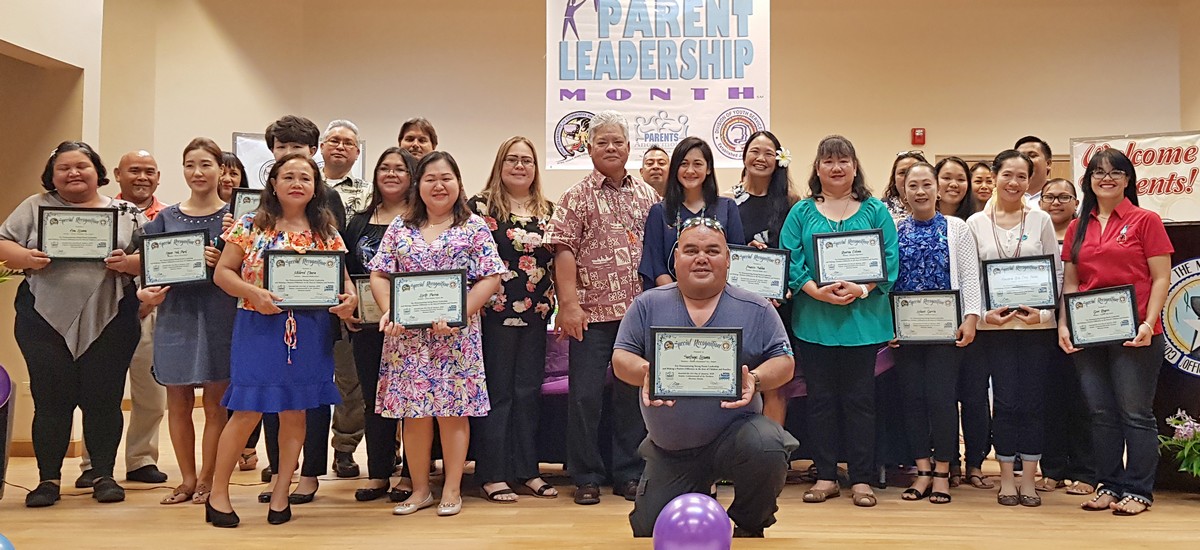 The Division of Youth Services on Friday recognized 39 parent leaders during the Parent Leadership Month proclamation ceremony at the Kagman Community Center. Also in photo are Lt. Gov. Arnold I. Palacios, Department of Community and Cultural Affairs Secretary Robert Hunter, Division of Youth Services Vivian Sablan and first lady Diann T. Torres. Photo by Lori Lyn C. Lirio