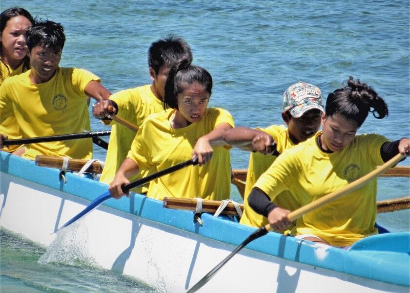 Marianas High School finished third in the 1000m race, behind Kagman High School and Saipan Southern High School in the mixed division of the 2020 PSS Interscholastic Outrigger Canoe race at Kilili Beach, Oleai. Photo by Prince Factor 