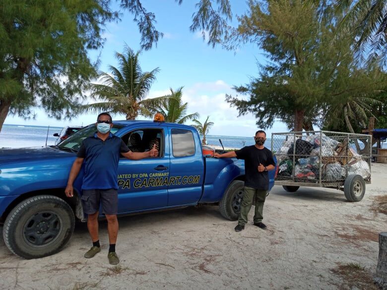 Community volunteer Max Aguon points at the trash left at the pavilion on Kilili Beach. Contributed photos