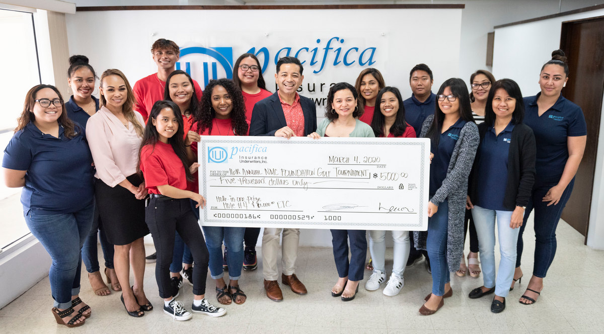 Pacifica Insurance is offering a $5,000 hole-in-one prize that will be featured at the upcoming annual NMC Foundation Golf Tournament on Saturday, March 21, 2020. In the photo are Pacifica Insurance employees with Pacifica Insurance president Shirley Sablan, center right, NMC staff and students, and NMC Interim President Frankie Eliptico, center left. NMC photo