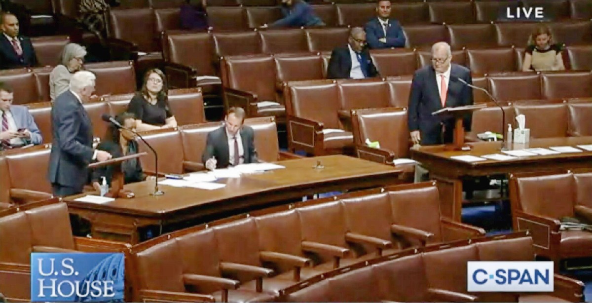 U.S. Congressman Gregorio Kilili Camacho Sablan of the CNMI speaks on the floor of the U.S. House of Representatives shortly before the vote on passage of the Coronavirus Aid, Relief, and Economic Security, or “CARES” Act. Access to the House floor was limited to reduce risk of spreading the virus and members observed social distancing protocols throughout proceedings. Sablan achieved his top goals for the new law including direct payments to the Commonwealth government for schools, healthcare, and other services, unemployment benefits for laid-off workers, and full participation in the national “recovery rebate” for taxpayers. Office of the CNMI Congressional Delegate photo
