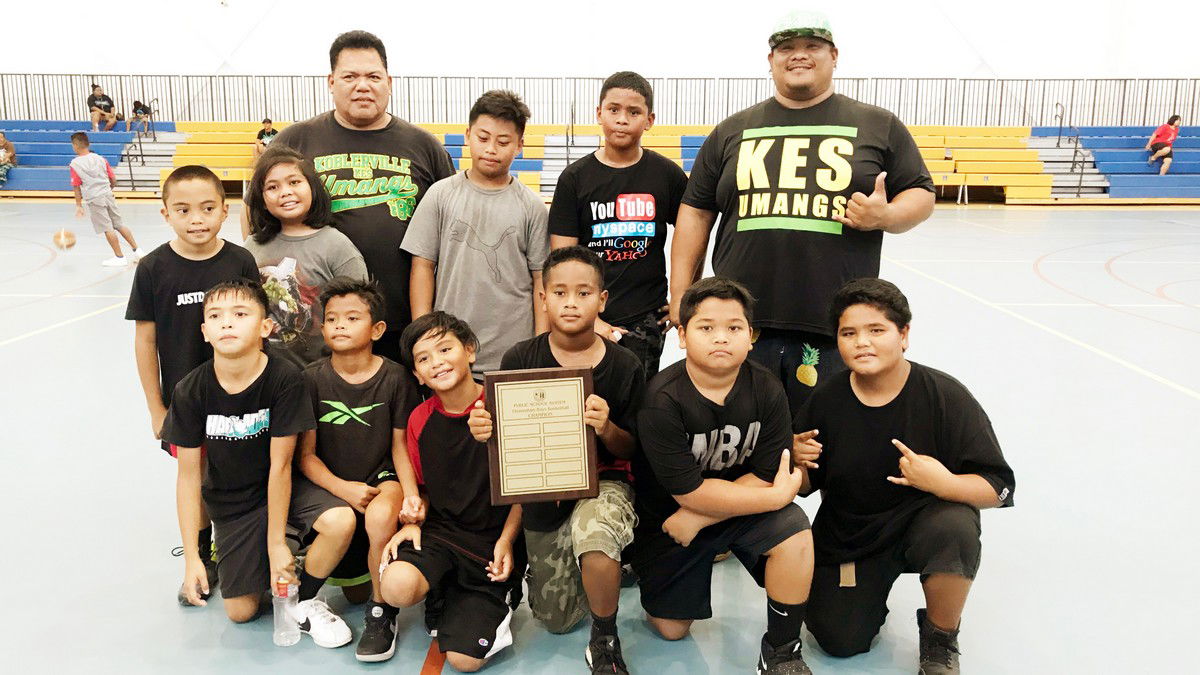 The boys of Koblervile Elementary School defeated Kagman Elementary School to win the championship on Saturday in the PSS Interscholastic Elementary Basketball League-Boys Division at the Marianas High School gym. Photo by Prince Factor