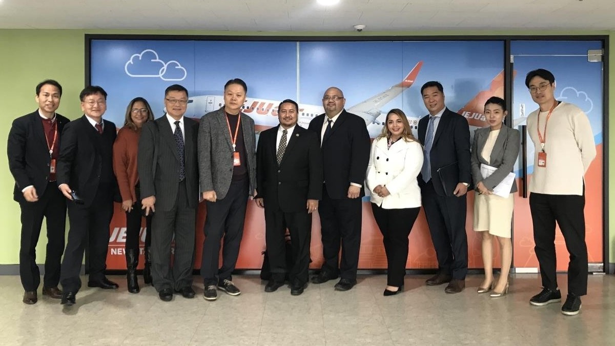 Governor Ralph Deleon Guerrero Torres, center, leads the Marianas delegation in meeting with Jeju Air on Feb. 21, 2020, to discuss ways to mitigate the impact of Covid-19 on travel to the destination. Pictured are Digital Sale department director Kyoung Pyo Go, Marianas Visitors Authority board vice chairwoman Gloria Cavanagh, MVA board member Jerry Tan, managing director, commercial division Myung Sub Yoo, Governor Torres, MVA board Warren Villagomez, MVA Managing Director Priscilla M. Iakopo, Chan Ho Hong, Se Jin Kim, and head of route marketing team Won Seok Yang. MVA photos