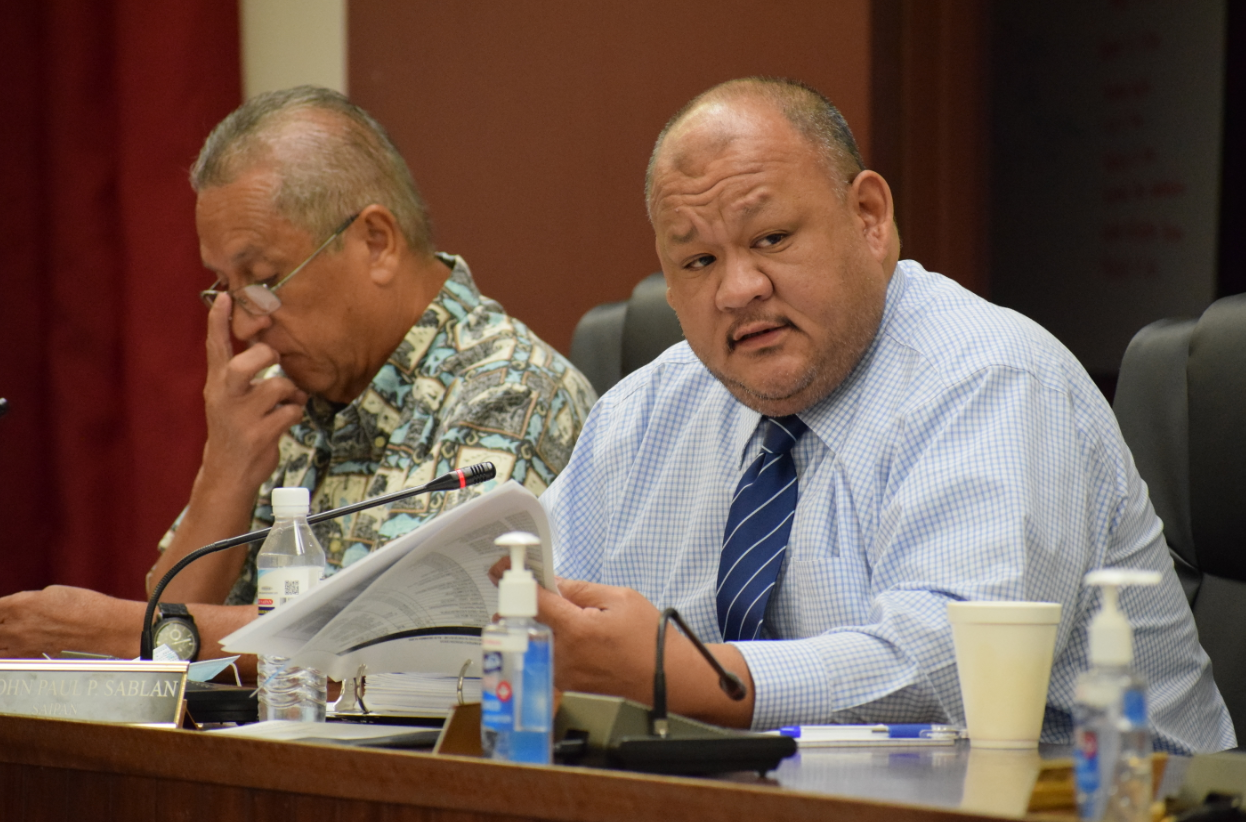 House Floor Leader John Paul Sablan, right, asks a question during a meeting of the House Special Committee on Federal Assistance and Disaster Related Funding on Tuesday. Also in photo is Rep. Joseph Leepan T. Guerrero.Photo by Emmanuel T. Erediano