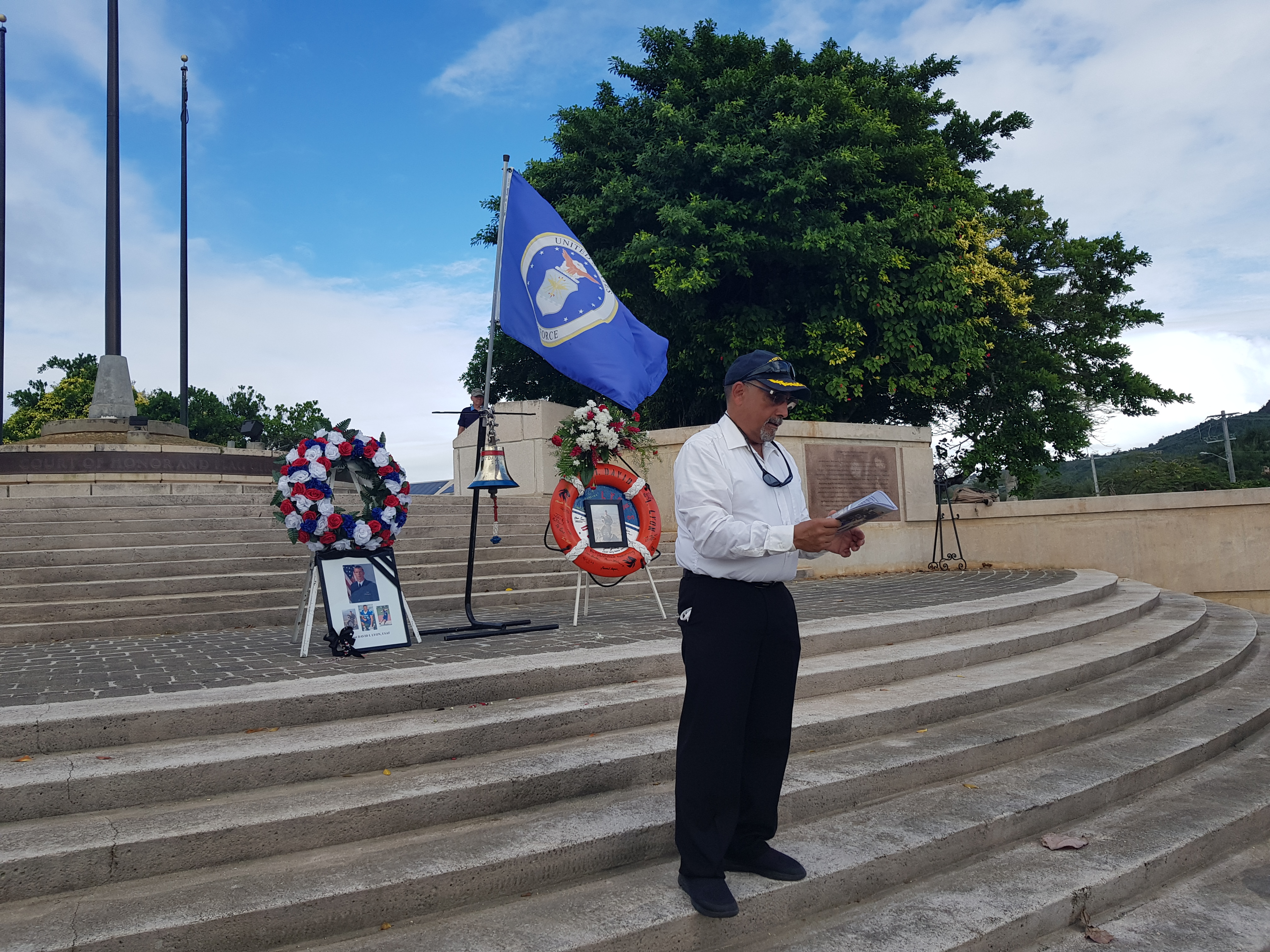 Capt. David Steiner of MV David Lyon speaks during the remembrance ceremony for USAF Capt. David I. Lyon at the Court of Honor of American Memorial Park on Sunday.Photo by Bryan Manabat