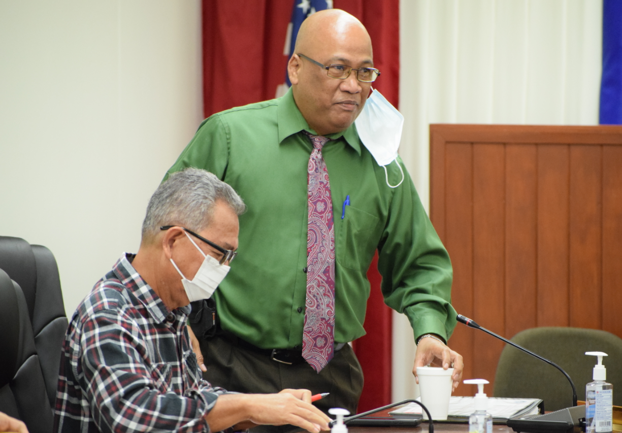 Sen. Sixto Igisomar, right, smiles while Senate Floor Leader Justo Quitugua gathers his session materials following a session of the Saipan and Northern Islands Legislative Delegation on Tuesday.Photo by Emmanuel T. Erediano