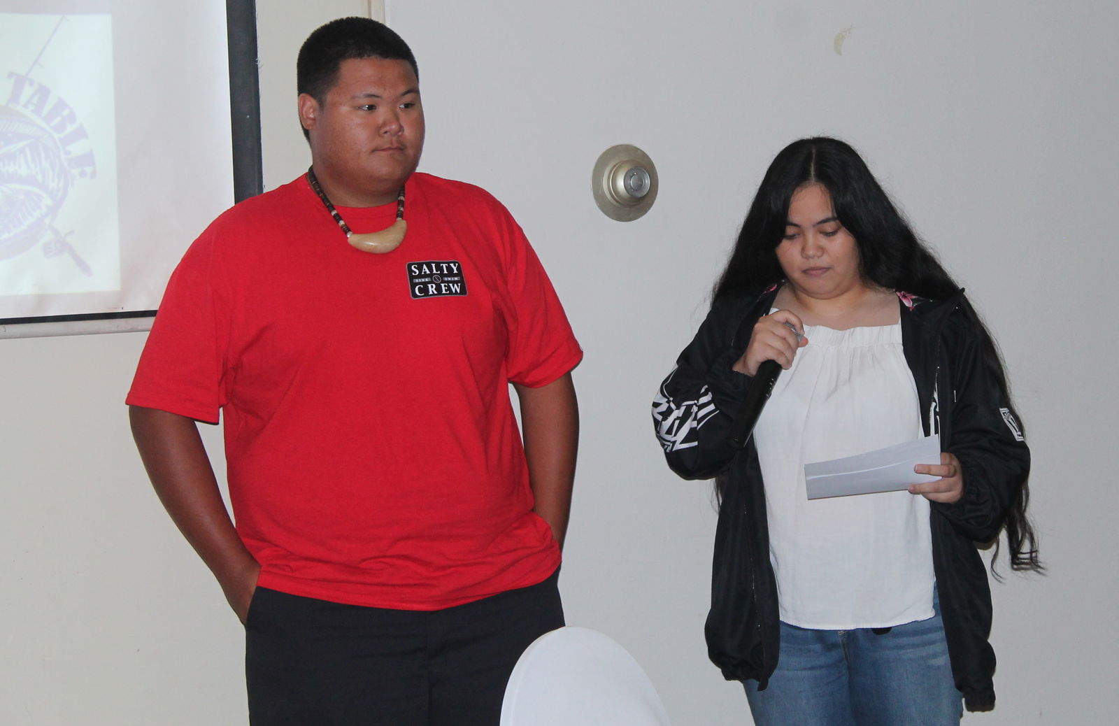 TTT members Derik Reyes Jr. (MHS senior), left, and Kaiannylupe Sablan (KHS senior), share their experience with TTT during last Thursday's presentation at the Aqua Resort. James F. Sablan Jr. 