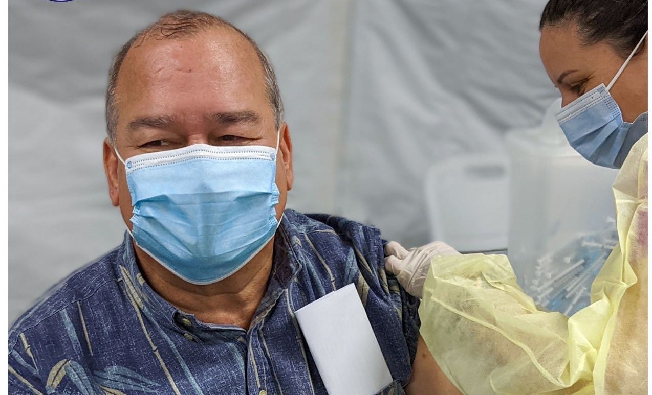 U.S. Congressman Gregorio Kilili Camacho Sablan receives the Covid-19 vaccine at the Commonwealth Healthcare Corp.’s Medical Care and Treatment Site.Contributed photo