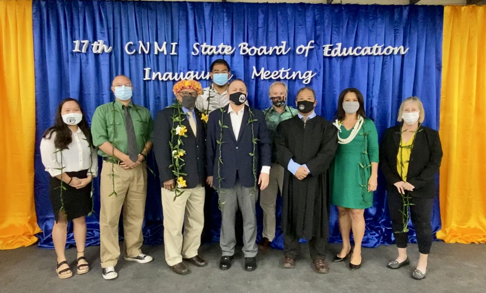 The Board of Education, the policymaking and governing board of the Public School System, on Monday elected Andrew L. Orsini of Saipan, 4th left, as chairman; Herman Atalig of Rota as vice chairman, 3rd left; and Maisie B. Tenorio of Saipan, 2nd right, secretary/treasurer. The other members are Antonio L. Borja of Tinian, standing, back; Gregory Borja, 2nd left, of Saipan; teacher representative Phyllis M. Aim; non-public school representative Dr. Ronald Snyder; and student representative Rainalyn Reyes. Also in photo is Supreme Court Associate Justice Perry B. Inos who administered the oath of office to the new BOE members, Maisie B. Tenorio and Gregory Borja, in the Marianas High School cafeteria.Contributed photo