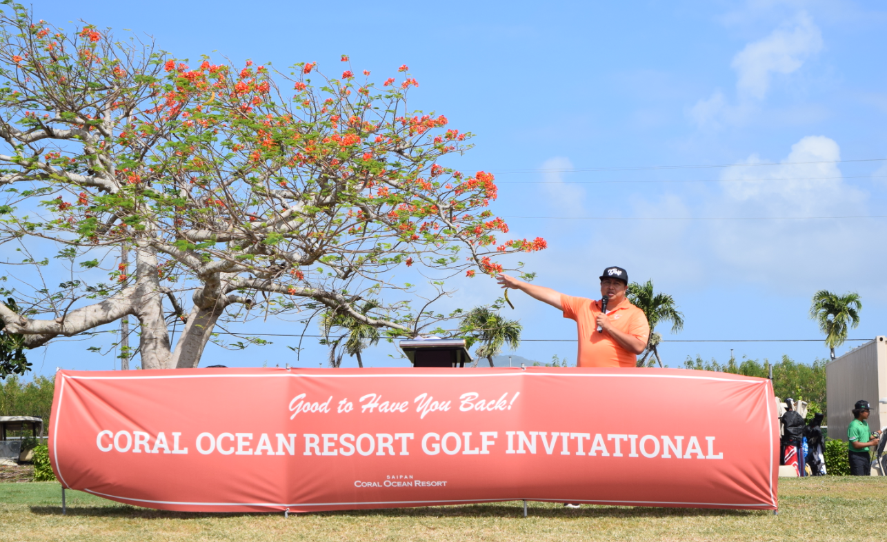Gov. Ralph DLG Torres points to the direction of the home he grew up, which is a block away from Coral Ocean Golf Resort as he delivers his remarks during the golf course’s reopening ceremony on Thursday.Photo by Emmanuel T. Erediano