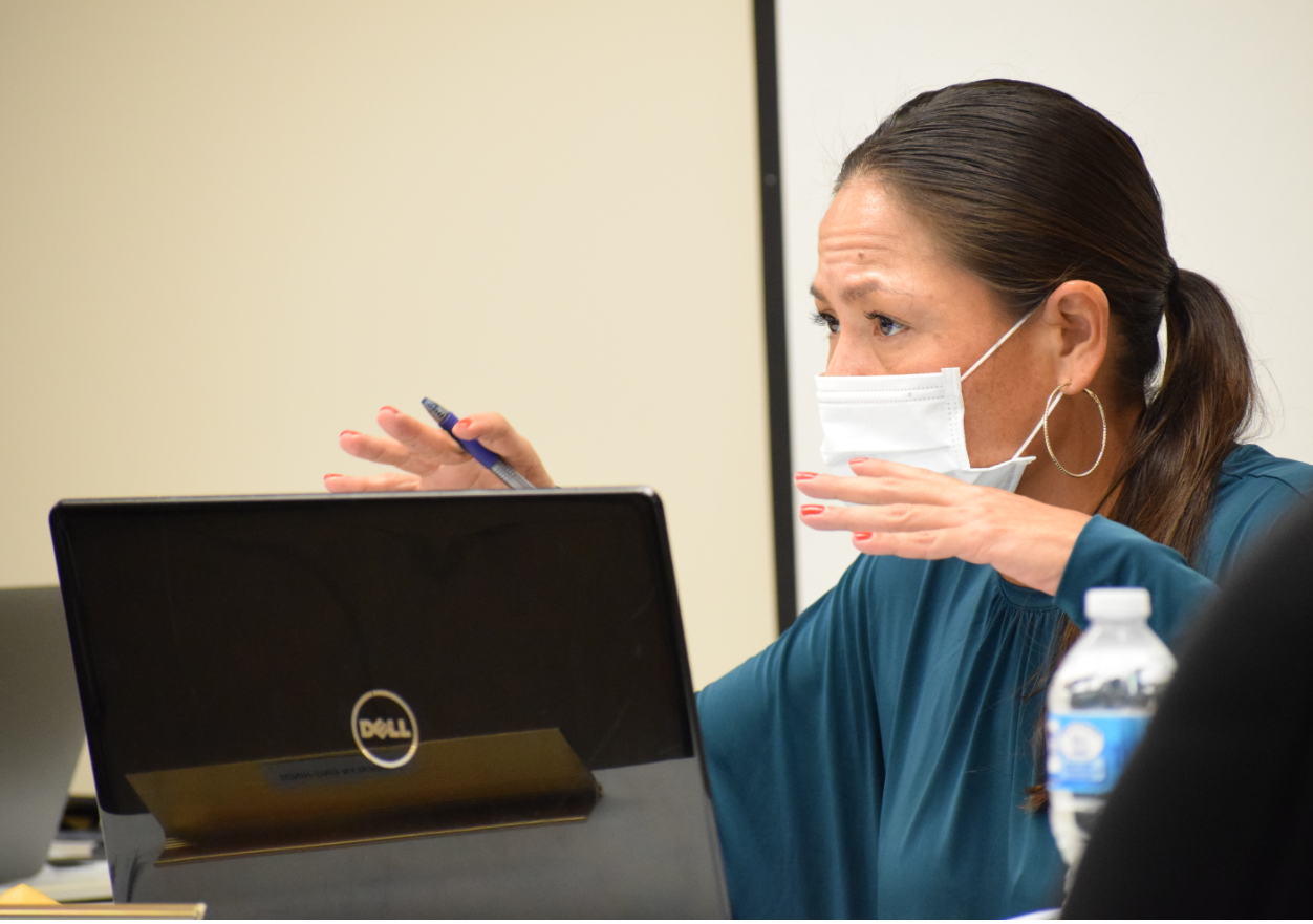 Commonwealth Ports Authority Chairwoman Kimberlyn King-Hinds speaks during a CPA board meeting in the Aircraft Rescue and Firefighting classroom.Photo by Emmanuel T. Erediano