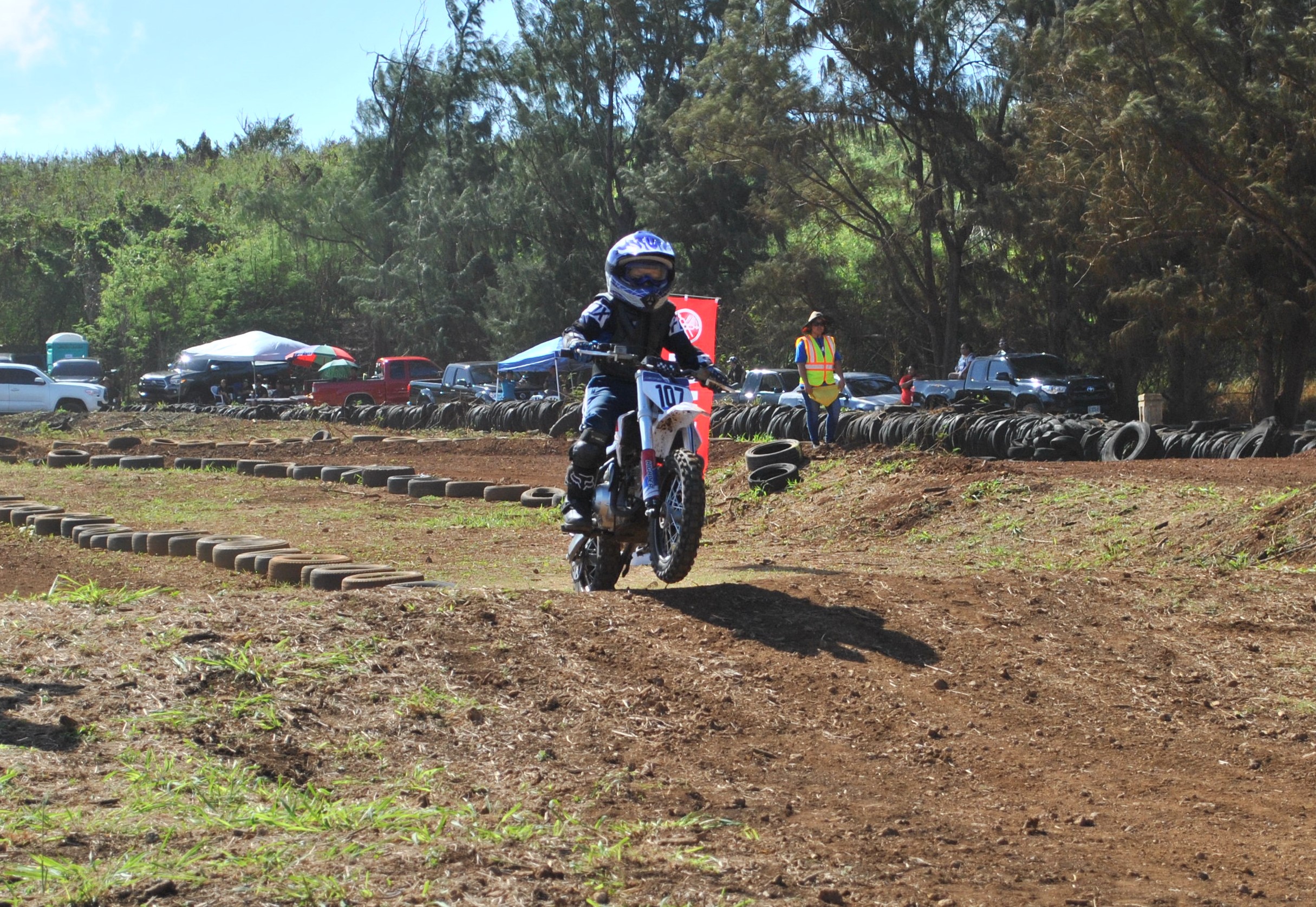 Zane Fujihira attempts a jump during the Peewee I race of the  MRA 2021 Points Race Season  at Cow Town Raceway Park on Sunday. Photo by James F. Sablan Jr.