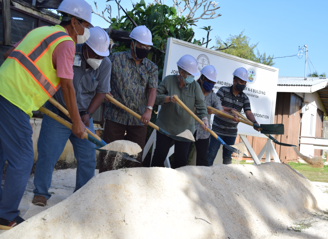 From left, Big Bell Inc. president Kim Gap Soo, Environmental Health and Disease Prevention Office Director John Tagabuel, Commonwealth Healthcare Corp. board member Edward “Tofila” Deleon Guerrero, CHCC board chairperson Lauri Ogumoro, CHCC Chief Executive Officer Esther Muna and Community Disease Investigation Inspector III Dwayne Davis participate in the groundbreaking ceremony for the new Environmental Health and Disease Prevention Office on Navy Hill, Thursday.Photo by Emmanuel T. Erediano