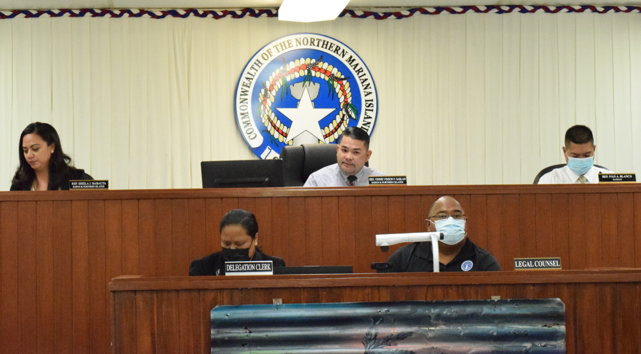 The new officers of the Saipan and Northern Islands Legislative Delegation: Senate Floor Leader Vinnie Sablan, back row center, chairman; House Minority Leader Ivan Blanco, right, vice chairman; and Rep. Sheila Babauta, left, floor leader.  Also in photo are delegation clerk Frances Joan Kaipat, front left, and legal counsel Joe Taijeron.Photo by Emmanuel T. Erediano