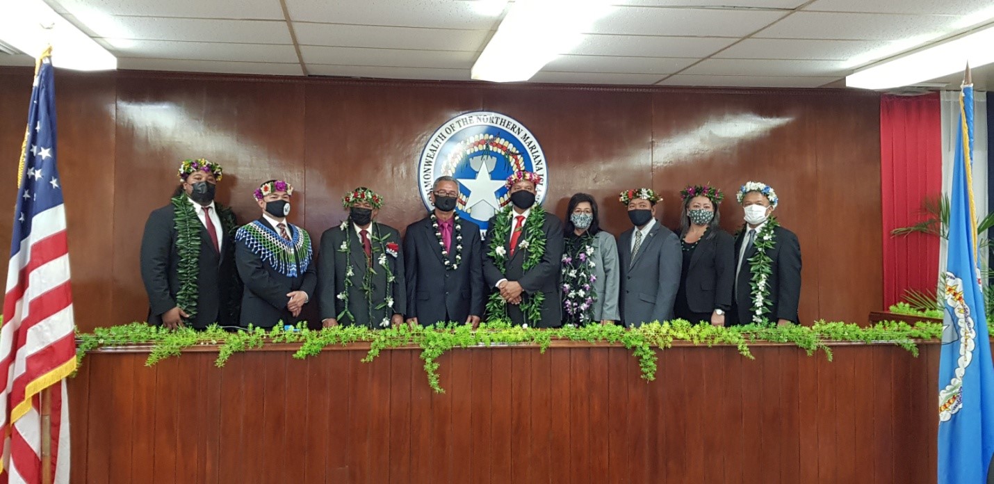 From left, Sens. Karl King-Nabors, Vinnie Sablan, Victor Hocog, Justo Quitugua, Jude Hofschneider, Teresita Santos, Francisco Cruz, Edith Deleon Guerrero, and Paul A. Manglona pose for a photo after the adjournment of the 22nd Senate’s first session.Photo by K-Andrea Evarose S. Limol