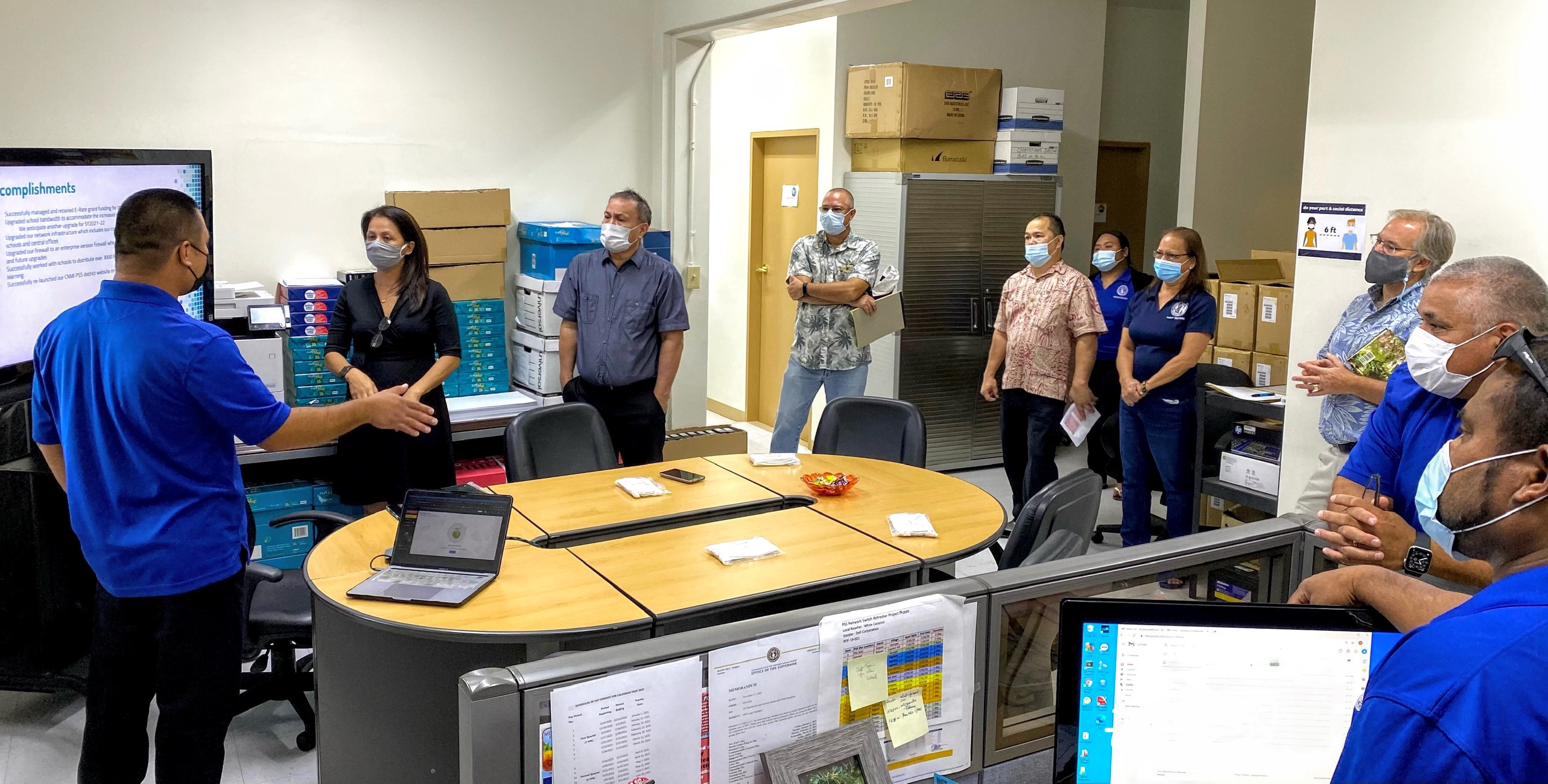 The Public School System has informed the Board of Education that an average of between 15,000 and 20,000 technology devices (laptops, computers, iPads and mobile phones) are logged on daily using PSS’s online learning resources on Saipan, Tinian and Rota. Photo shows BOE Chairman Andrew L. Orsini, BOE member Maisie B. Tenorio, non-public school representative Dr. Ronald Snyder, BOE member Gregory Borja, and Commissioner of Education Dr. Alfred B. Ada with PSS State Technology Director Jesse Tenorio, left, during a briefing on Thursday. PSS says it has invested millions of dollars over the years in free technology devices, including Mi-Fis, that are provided to its students.PSS photo