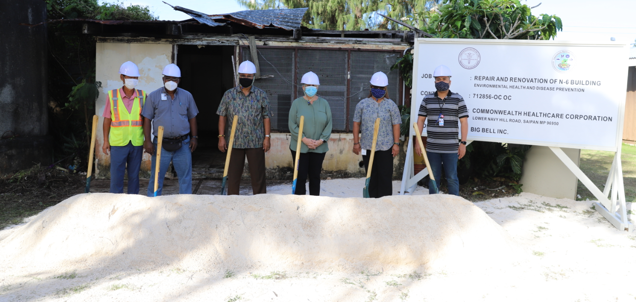 From right, Environmental Health and Disease Prevention Community Disease Investigation Inspector III Supervisor Dwayne Davis, Commonwealth Healthcare Corp. Chief Executive Officer Esther L. Muna, CHCC Board Chairperson Lauri B. Ogumoro, CHCC Board Vice Chairperson Edward Deleon Guerrero, Environmental Health and Disease Prevention Director John Tagabuel and Kim Gap Soo of Big Bell Inc. Contributed photo 