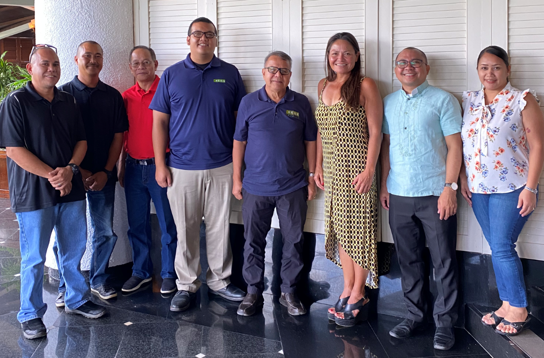 From left, Dawn Sarmiento, co-chair of the Friends of San Jose Church, Tinian; Richard Lazaro, vice chair; Jessie Arizala, Pacific Engineering Group & Services general manager; Denm Manglona, PEGS assistant GM; Gregorio Q. Castro, PEGS president; Kimberlyn King-Hinds, co-chair of the Friends; Father Anthony Aguason; and Teruko King, treasurer of the Friends.Contributed photo