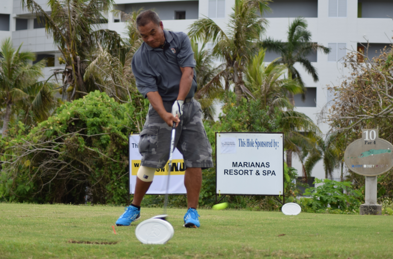 Joe “Kamikaze” Camacho tees off during a golf tournament at the LaoLao Bay Golf & Resort.MV file photo