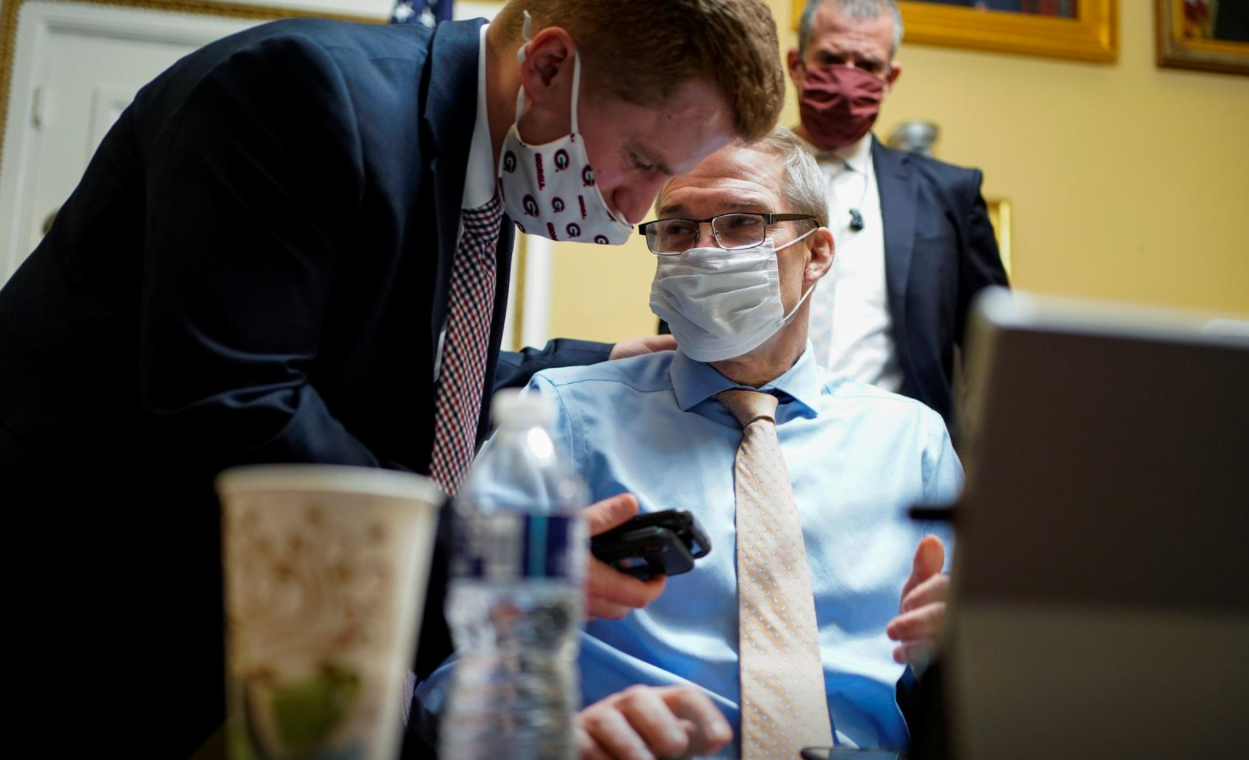Rep. Jim Jordan, R-Oh., speaks with an aide after a meeting of the House Rules Committee as House Democrats draft an article of impeachment against President Donald Trump in Washington, D.C. on Jan. 12, 2021.REUTERS
