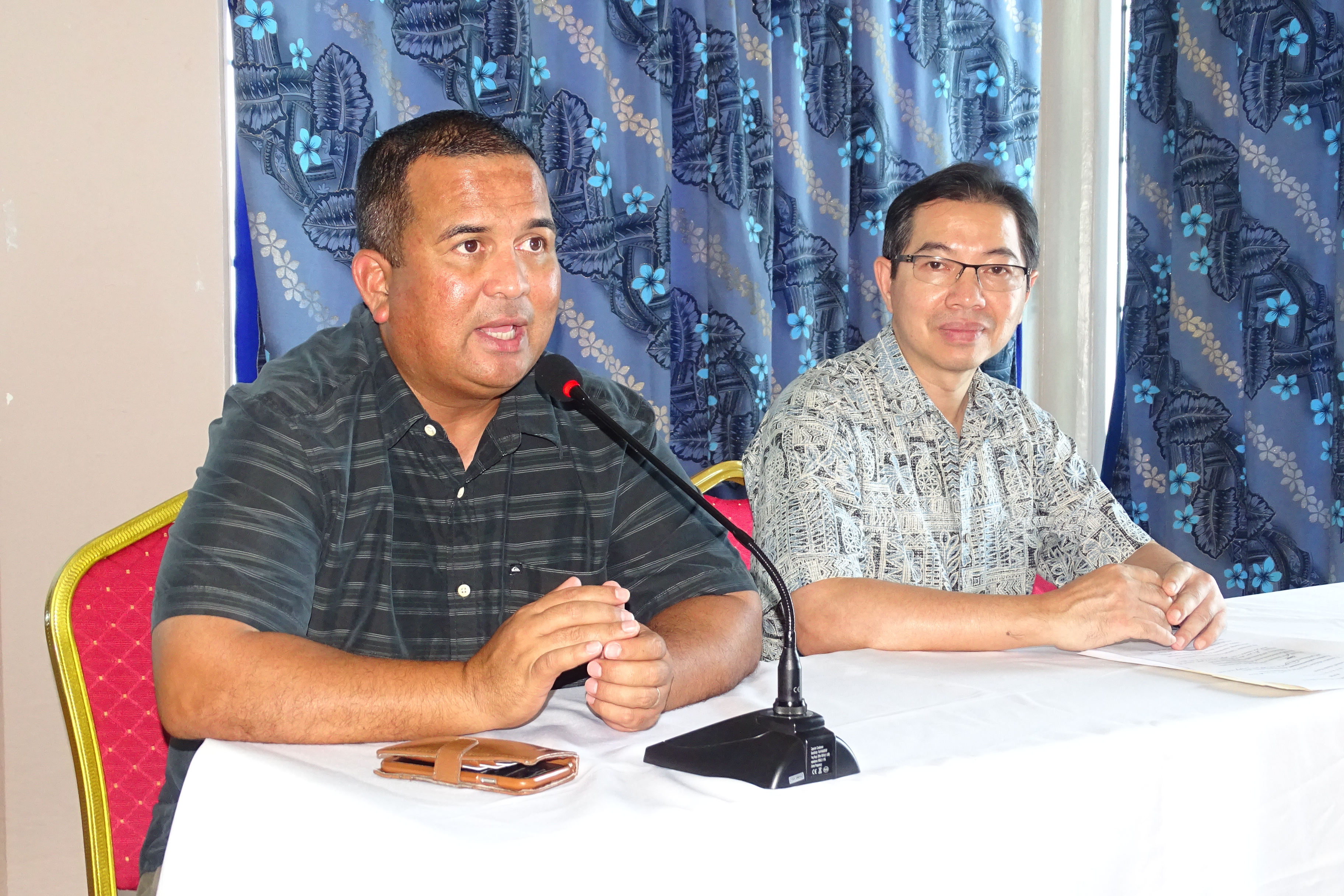 Member of Parliament David Paul, left, speaking during an event in Majuro in this file photo from 2019. Taiwan Ambassador Jeffrey Hsiao is next to him.Photo by Hilary Hosia
