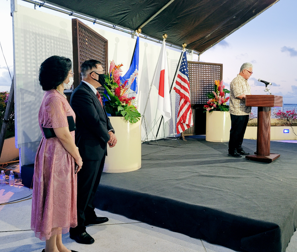Japanese Consul Kazuhiko Ono and wife Masako look on as Lt. Gov. Arnold I. Palacios delivers his remarks at the Aqua Resort Club on the occasion of Japan Emperor Naruhito’s 61st birthday on Thursday evening.Photo by Bryan Manabat