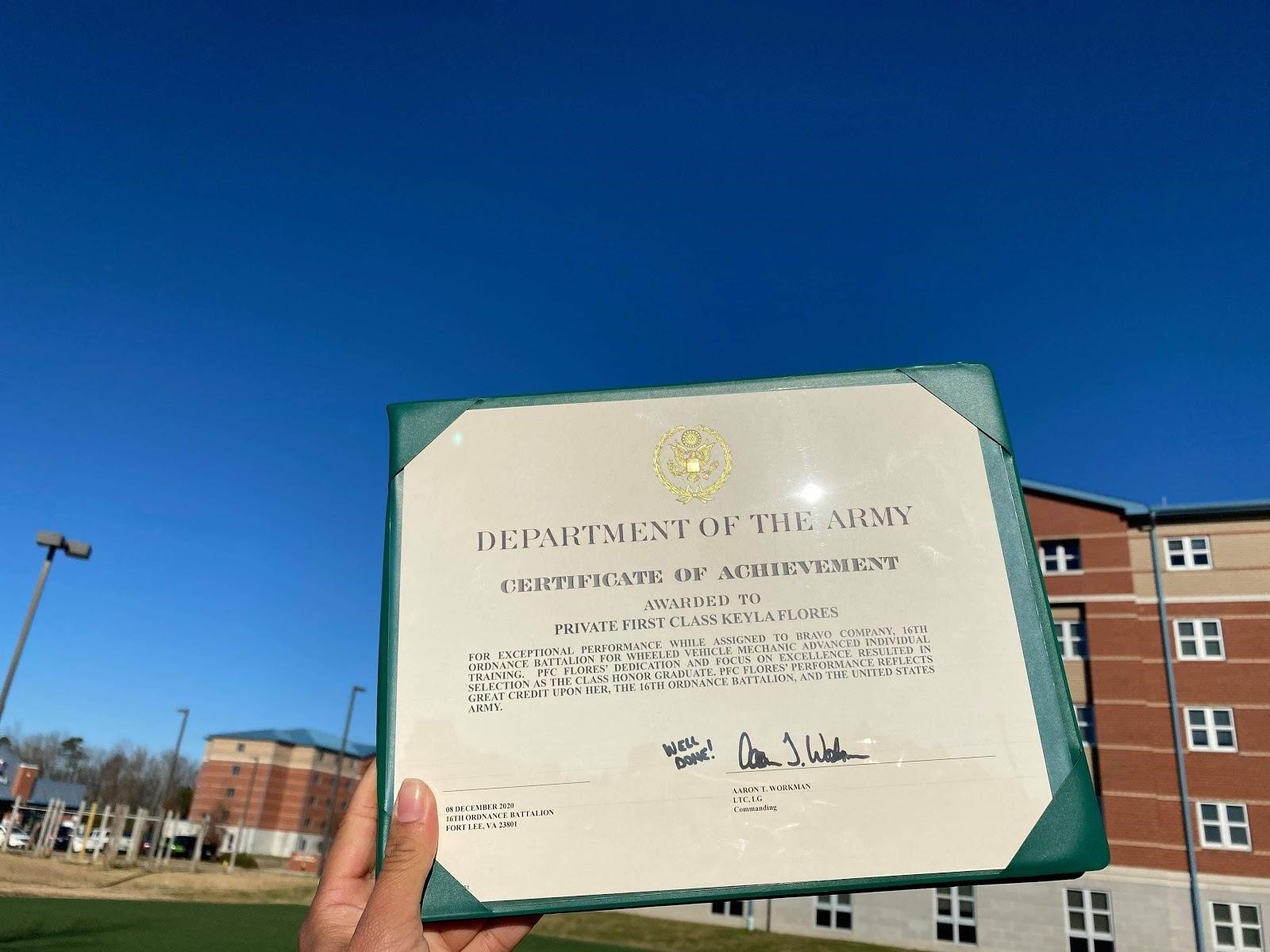 Pvt. 1st Class Keyla B. Flores’s Certificate of AchievementContributed photo