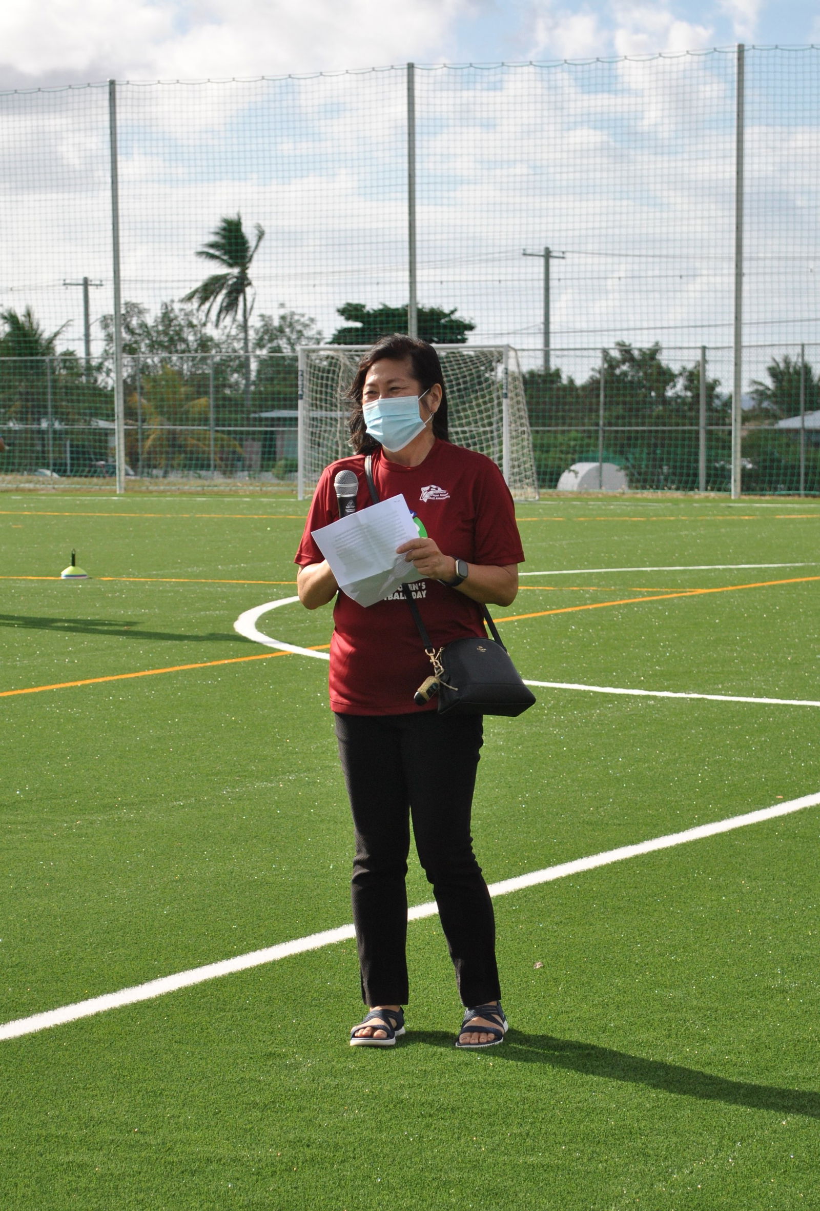 NMI Football Association vice president Vickie Izuka delivers her remarks during the celebration of the Asian Football Confederation’s Women's Football Day 2021 at the NMI Soccer Training Center on Saturday.Photo by James F. Sablan Jr.