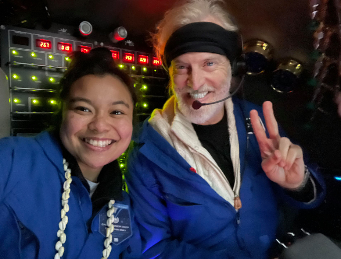 Inside the submersible Limiting Factor close to the ocean floor in the Marianas Trench last week are Micronesian student Nicole Yamase and pilot/owner Victor Vescovo.Photo provided by Giff Johnson