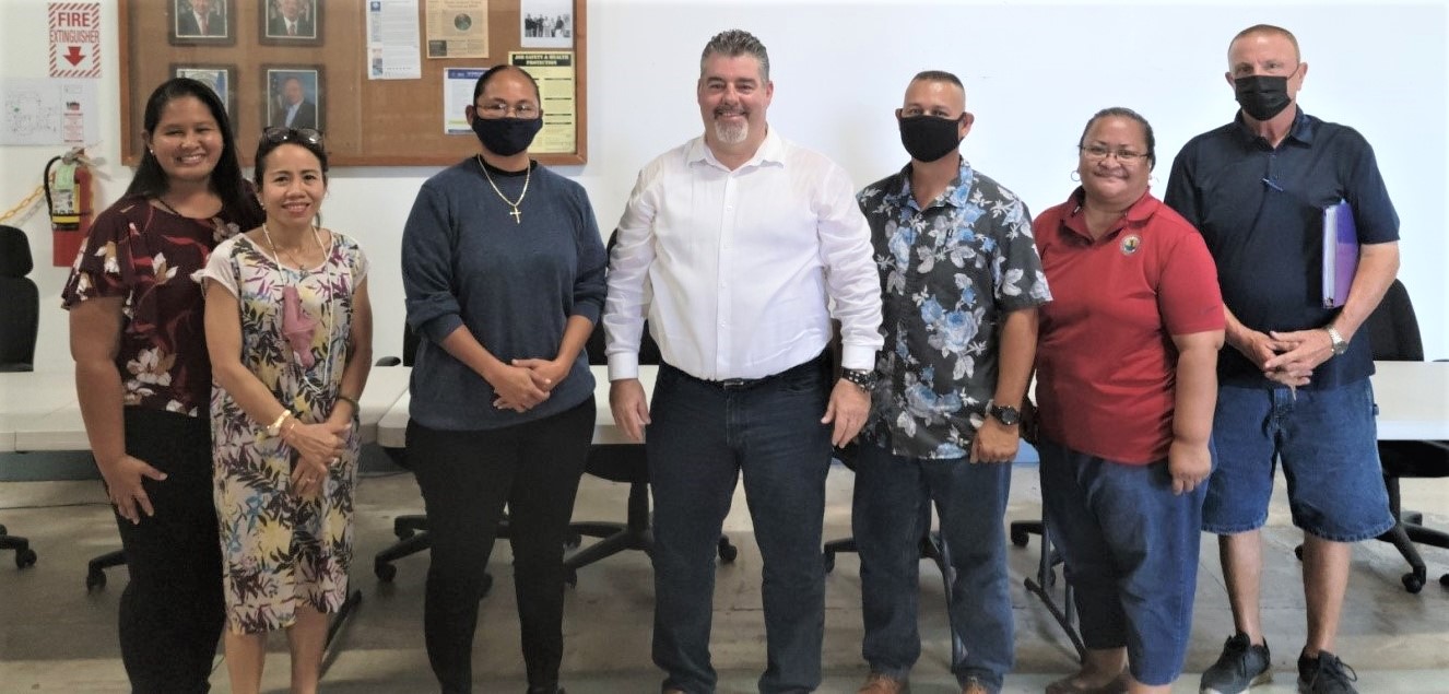 Newly appointed Northern Marianas Technical Institute interim chief executive officer Jodina Attao, third left, poses with the trustees: Catherine Attao, Irene Holl, Mario Valentino, Ray Pangelinan, Carmelita Faisao, and Richard Kautz.Photo by K-Andrea Evarose S. Limol