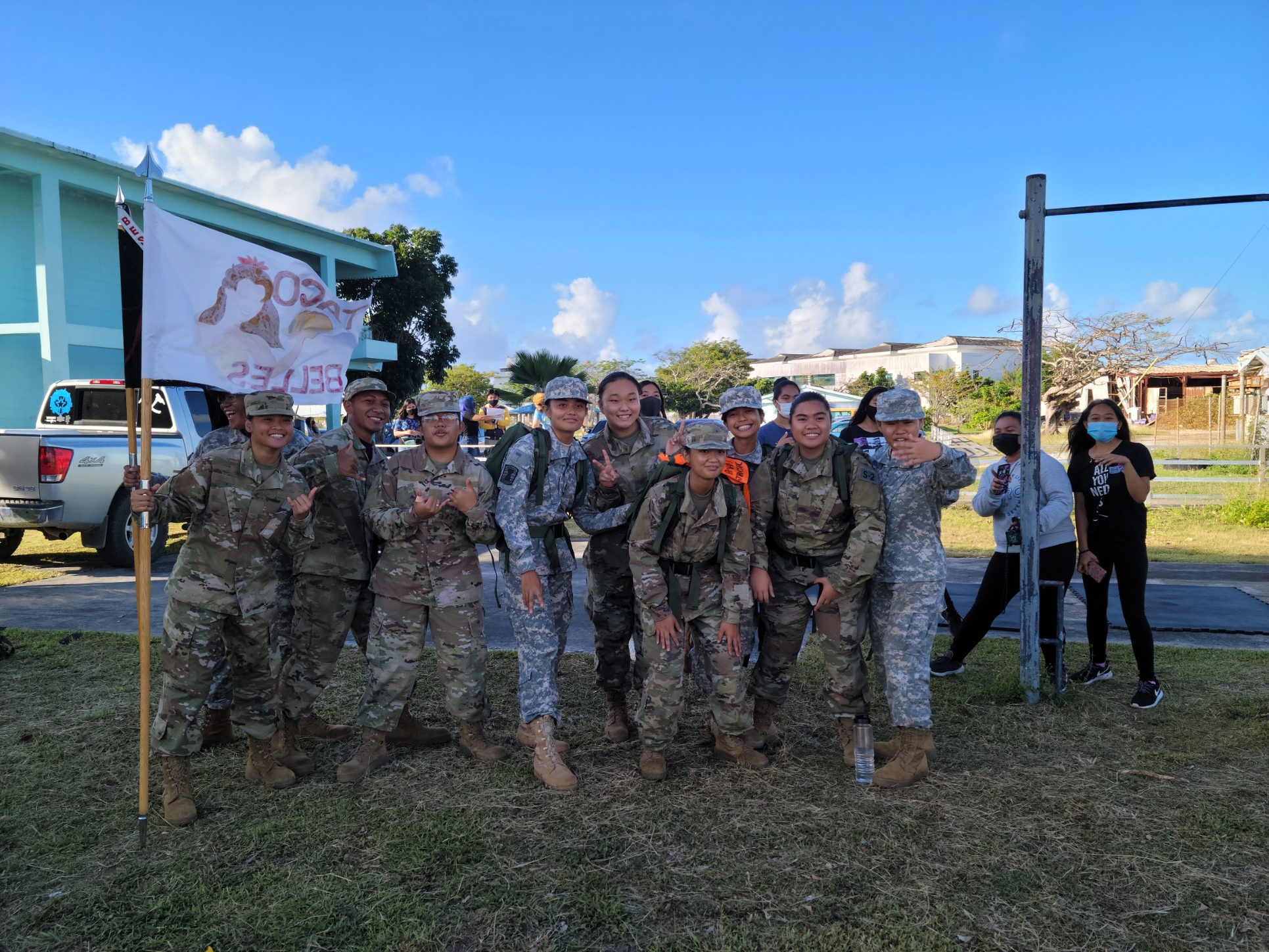 The all-female Taco Belles team from the MHS Dolphin Battalion pose for a photo before heading to the Guma Sakman beachside to execute the Assault Beach Run.Photo by K-Andrea Evarose S. Limol