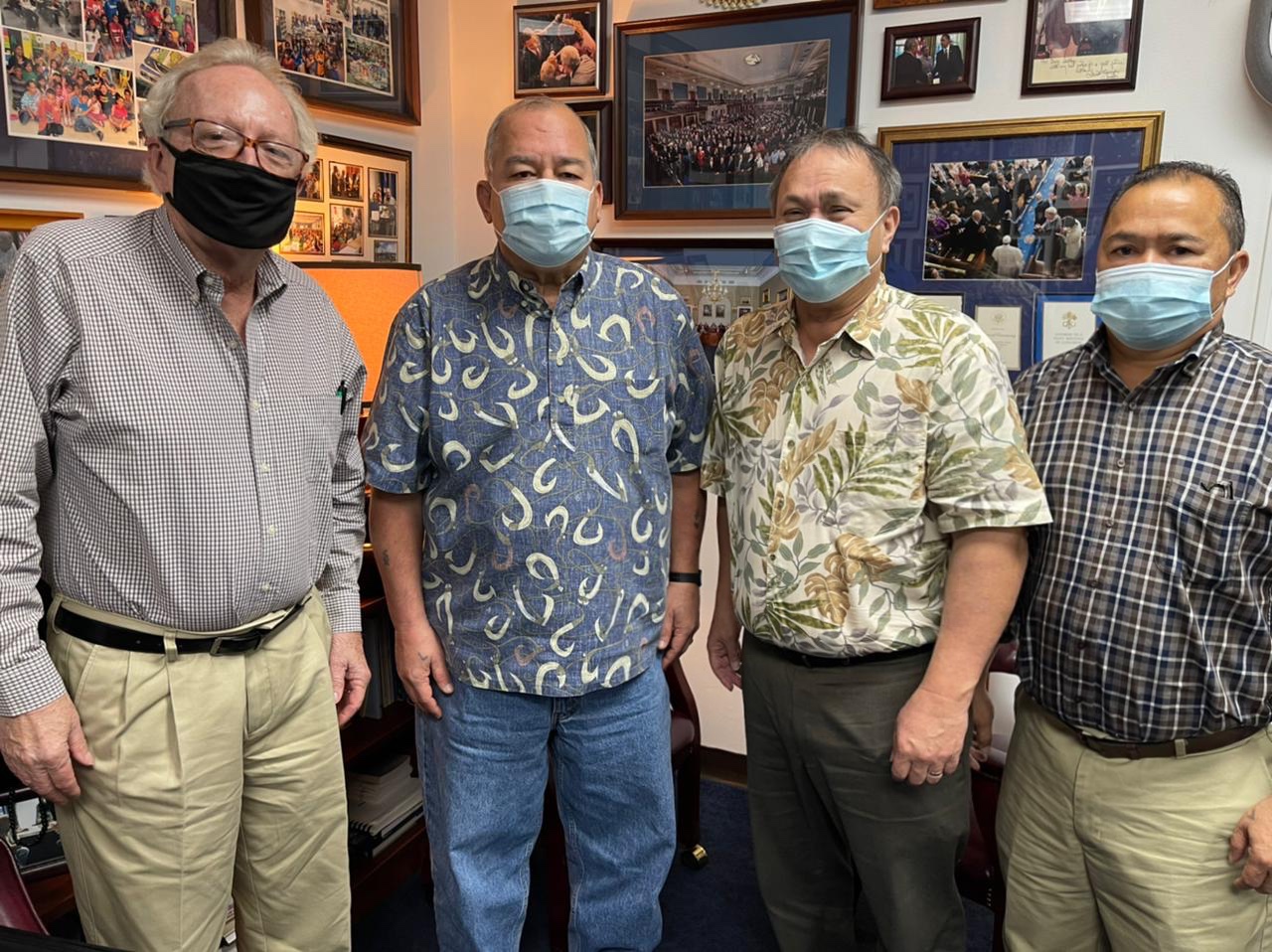 From left, Public School System Federal Programs Officer Tim Thornburgh, U.S. Congressman Gregorio Kilili Camacho Sablan, Board of Education Chairman Andrew L. Orsini and Commissioner of Education Dr. Alfred B. Ada pose for a photo following a meeting at Kilili’s district office on Feb. 23, 2021.PSS photo