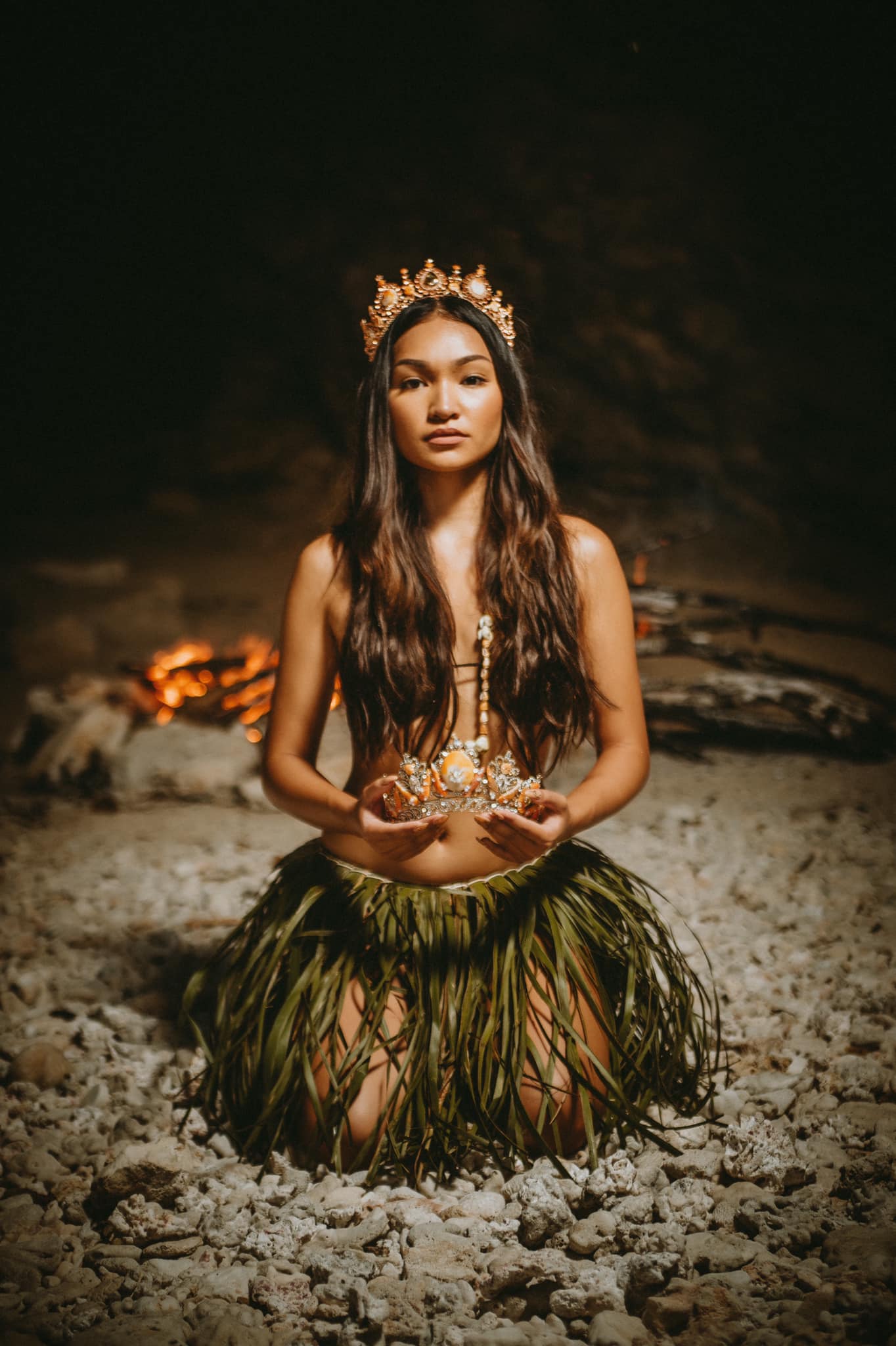 2019 Miss Marianas Shannon Sasamoto models two of the first Spondylus crowns she inspired created by local artist Momoko Halstead with the help of a grant from the NMI Humanities Council.  Photo by Island Image & Motion