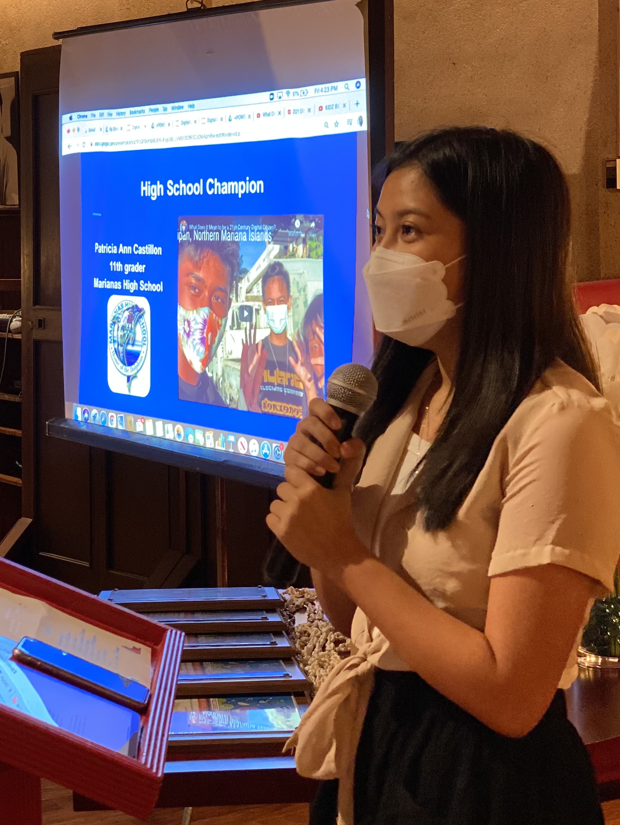 Patricia Ann Catillon of Marianas High School talks about her winning video presentation for the high school category.PSS photo