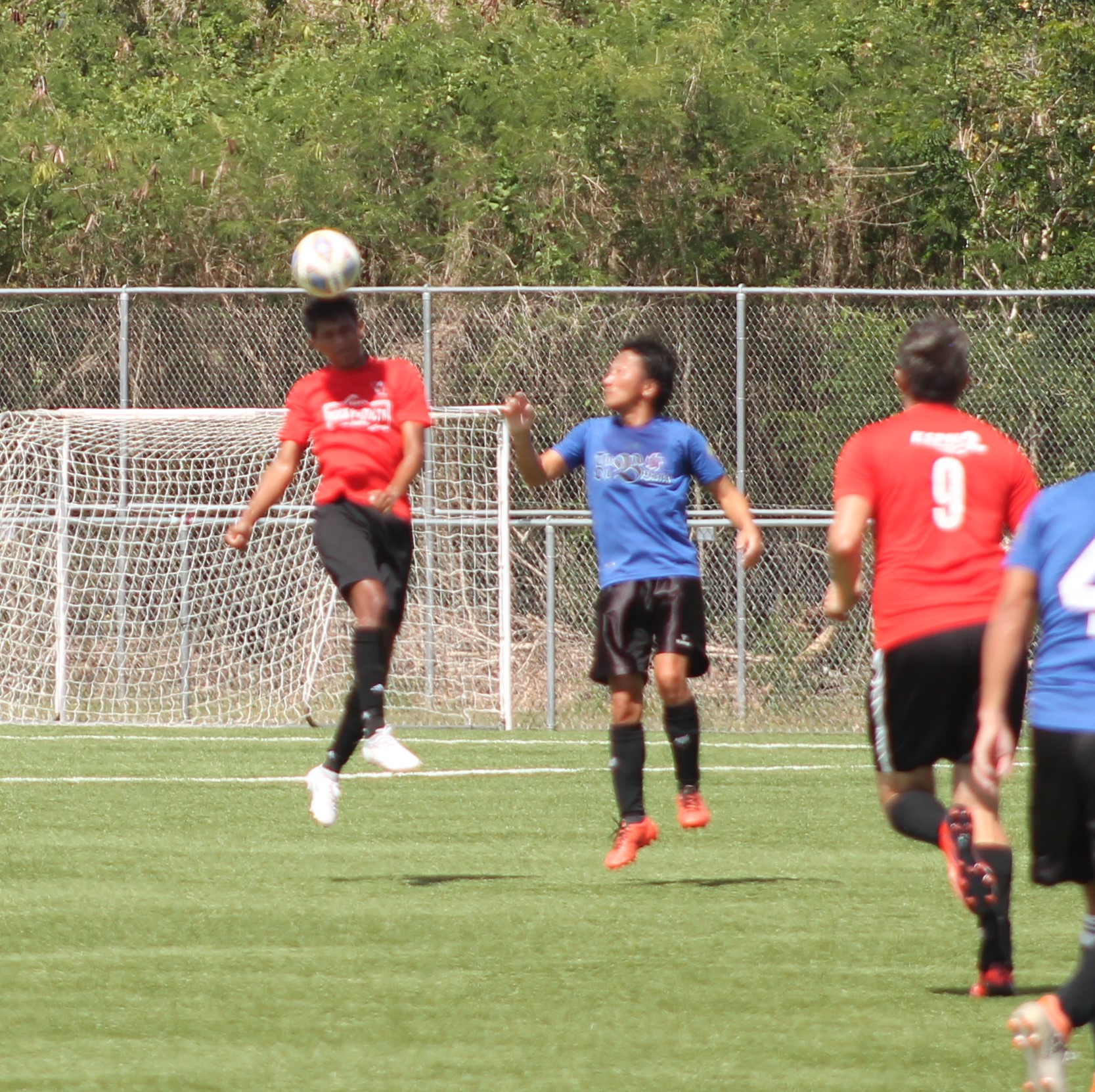 Paire Football Club’s Jirech Yobech connects the header during a  Men's M-League Spring 2021, Division A game on Sunday at the NMI Soccer Training Center.Photo by James F. Sablan Jr