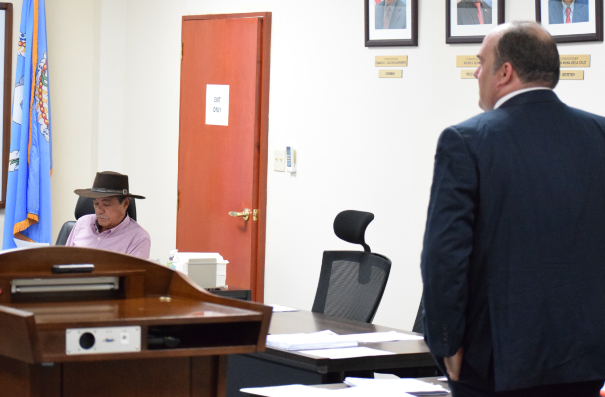 Assistant Attorney General Mike Ernest, right, presents the complaints against Imperial Pacific International to the Commonwealth Casino Commission during the evidentiary hearing on Tuesday.Photo by Emmanuel T. Erediano