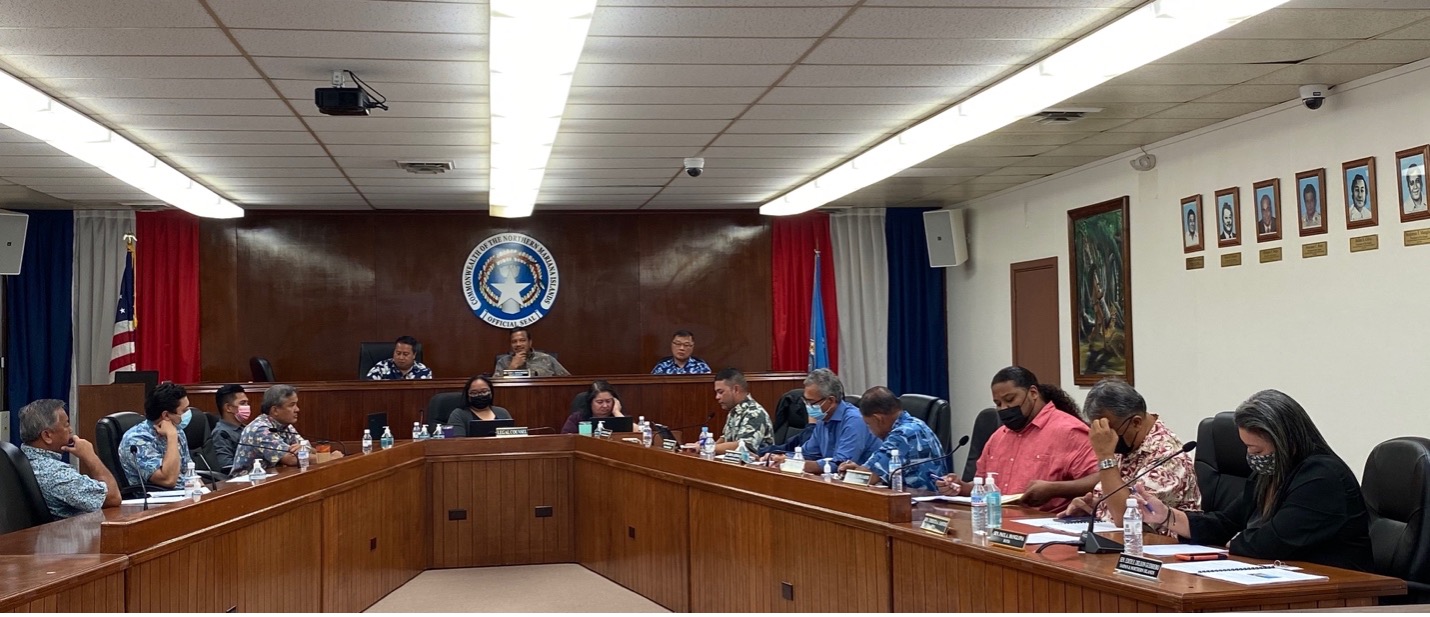 Senate President Jude Hofschneider, center, presides over a meeting with the Governor’s Council of Economic Advisers while his fellow lawmakers browse through the GCEA’s Annual Report presented last month on Capital Hill. GCEA co-chairs Gov. Ralph DLG Torres, left, and Jerry Tan, right, led the annual report presentation.Office of the Governor photo