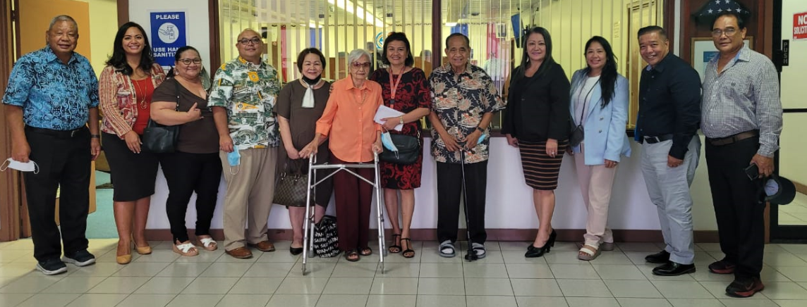 Saipan and Northern Islands Municipal Council nominee Danny Aquino Jr. second right, poses with family members, supporters and friends who include former Gov. Benigno R. Fitial, center, Sen. Edith Deleon Guerrero, fourth right, Vice Speaker Blas Jonathan Attao, fourth left, Saipan Mayor David Apatang, left, Rep. Sheila Babauta, second left, municipal council chair Ana D. Castro, fifth left, author Marie Castro, former first lady Josie Fitial, and Matua Council for Chamorro Advancement president Liana S. Hofschneider in the lobby of the legislative building on Tuesday. Photo by Emmanuel T. Erediano